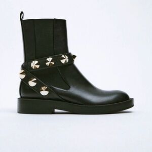 Zara Black Leather Ankle Boots with Rose Gold Studs sz40